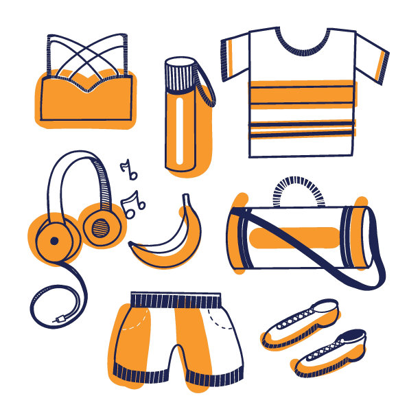 一组矢量插图隔离在白色背景上。运动服、水瓶、香蕉、旅行袋、耳机、运动鞋。使用橙色和蓝色。适用于织物、纸张印刷图片下载