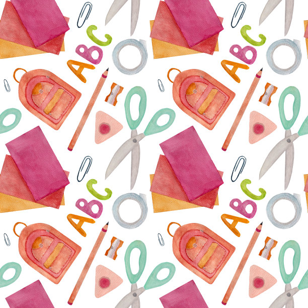 水彩图案，学校用品，铅笔，书包，彩色纸，白底剪刀。图片下载