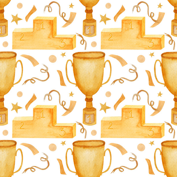 水彩运动图案，金杯，运动底座，白底彩纸。图片下载