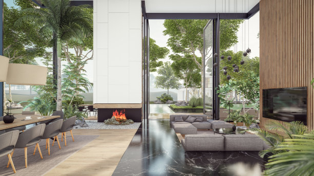 3d渲染昂贵舒适的室内与绿色的墙壁在晚上图片下载