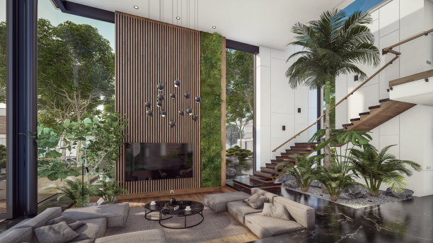 3d渲染昂贵舒适的室内与绿色的墙壁在晚上图片下载