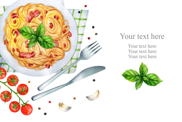 加文字的意大利面。水彩插图图片下载