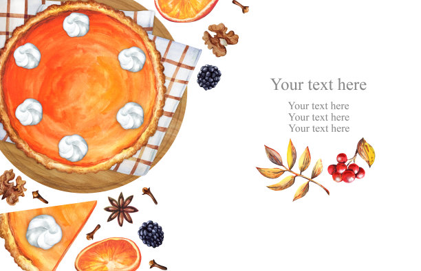 南瓜派与秋天装饰与文字的地方。水彩插图图片下载