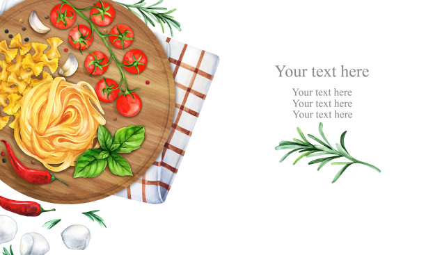 意大利面食背景与地方文字。水彩插图图片下载