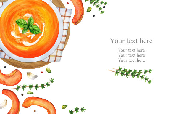 南瓜奶油汤，还有文字的空间。水彩插图图片下载
