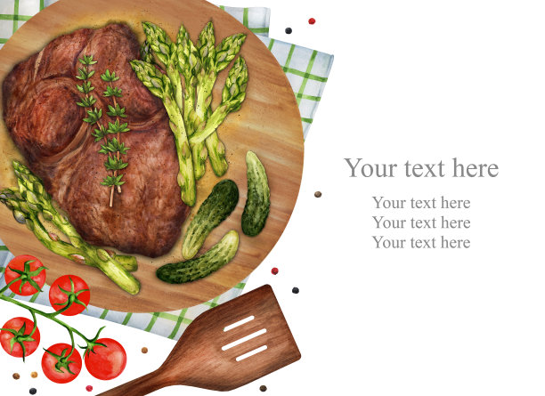 多汁的牛排放在木板上。为你的文字留出空间。水彩插图图片下载