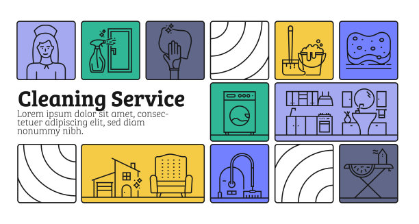 清洁服务线图标集和横幅设计。采购产品清洁器，桶，擦，清洁用品，洗涤，橡胶手套图片下载