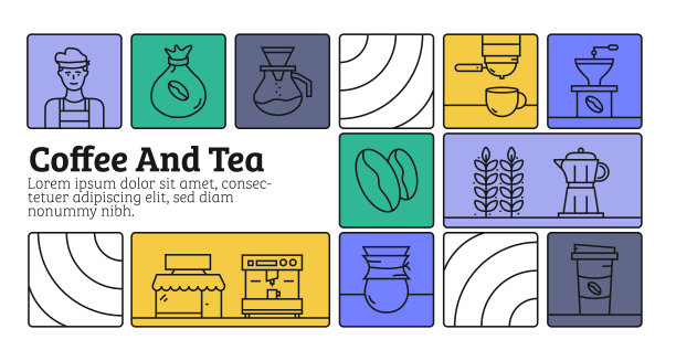 咖啡和茶线图标集和横幅设计。设计是可编辑的，颜色可以改变。矢量创意图标集:咖啡树，咖啡豆，拿铁，摩卡壶，咖啡机，法式压滤机图片下载