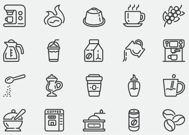 咖啡，饮料，咖啡休息，浓缩咖啡，美式咖啡，无糖，在家里做咖啡，咖啡，健康，卡布奇诺，咖啡因，热咖啡，冰咖啡，咖啡杯，可可，牛奶，奶精，餐厅。行图标图片下载