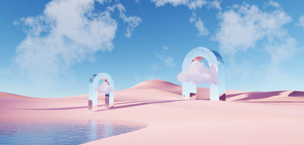 超现实的粉彩景观背景与几何形状，抽象梦幻的沙漠沙丘在调味景观与拱门，全景，未来的场景与复制空间，蓝天和多云图片下载