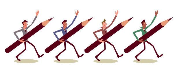 多民族商务人士拿着大铅笔阔步向前图片下载