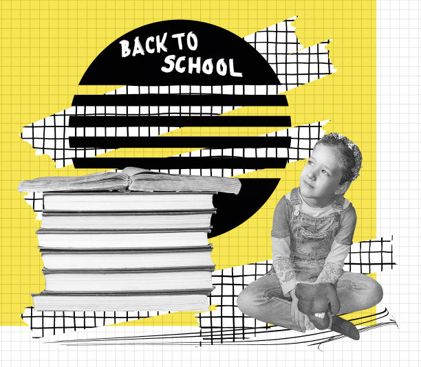 小女孩的肖像和彩色背景的书。重返校园，快乐童年，教育理念。艺术拼贴图片下载