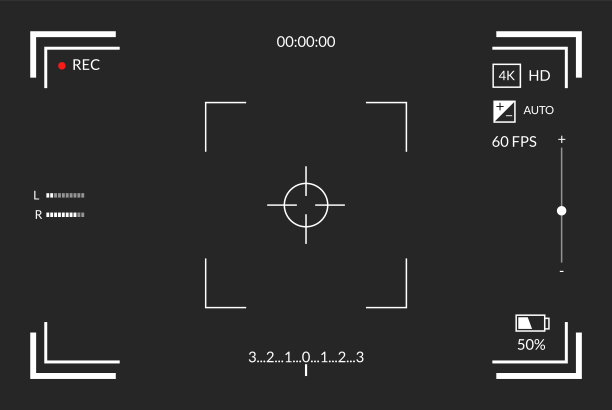 取景器录像。相机对焦屏幕。黑屏摄像头具有视频拍摄参数、视频质量指标。数码变焦记录现代博客，矢量插图图片下载