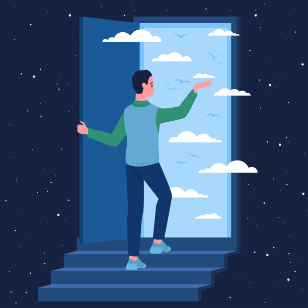 幻想和通往未知未来的路，人站在通往天堂之门前的楼梯上图片下载