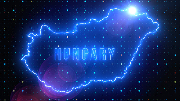 未来的蓝色闪耀匈牙利轮廓地图和标签文本发光霓虹灯光学光耀斑与星星闪耀网格图片下载