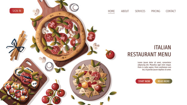 网页与意大利披萨，意大利面，烤面包，格里西尼。图片下载