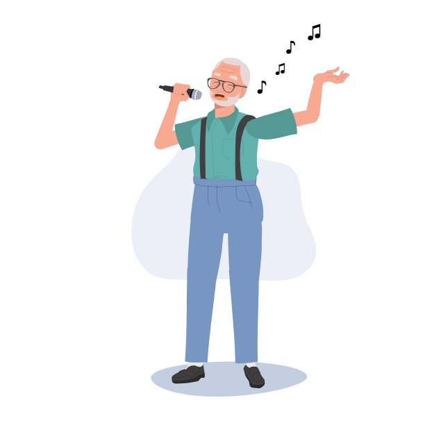 快乐的老人在唱歌。活跃的老年人喜欢有表现力的卡拉ok。平面矢量卡通插图图片下载