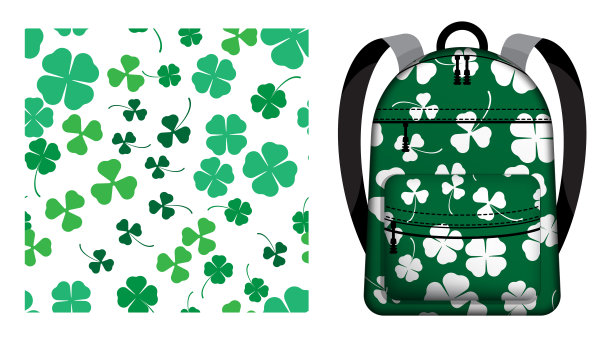儿童书包上装饰着三叶草和四叶草的无缝图案。三叶草花卉装饰。矢量装饰设计的海报和纺织品印刷图片下载