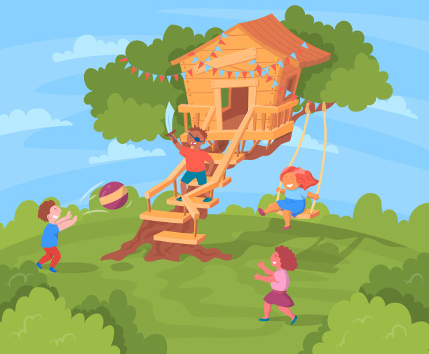 在树屋玩耍的卡通彩色人物。向量图片下载