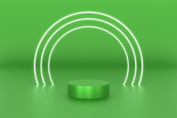 3d平台绿色用于产品背景舞台或讲台和空白展示平台，环形霓虹灯白色。三维插图渲染图片下载