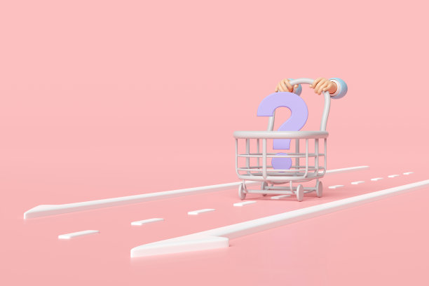 3d手推购物车与问号符号隔离在粉红色的背景。购买目标概念，3d渲染插图图片下载