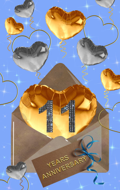 3d插图，11周年纪念。节日背景上的金色数字。周年庆典、派对的海报或卡片图片下载