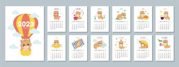 日历2023模板与可爱的猫。12个月的日历。一周从周日开始图片下载