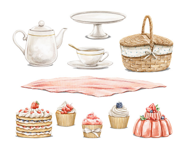 水彩野餐物品与茶具和糖果图片下载