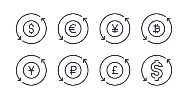 货币和货币兑换可编辑的笔画轮廓图标集隔离在白色背景平面矢量插图。像素完美。64 × 64。图片下载