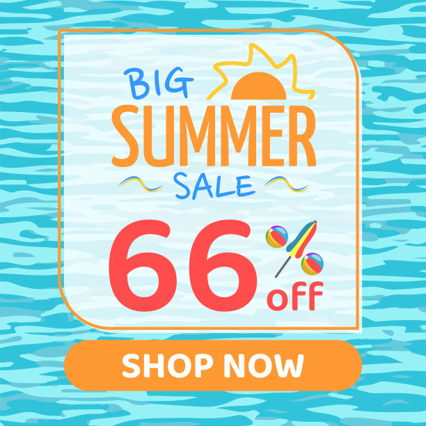 夏季大减价66%，橙色和蓝色，泳池水背景，现在购物图片下载