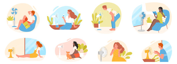 在炎热的场景中，人们在风扇前降温，女人和男人，女孩和男孩，炎热的夏日场景图片下载
