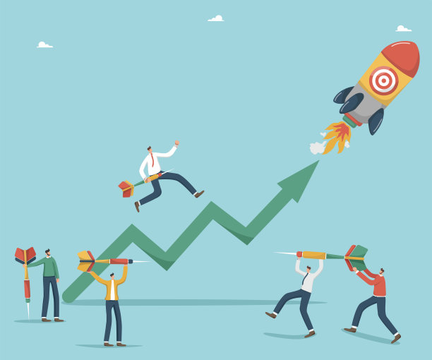 人们拿着飞镖，旁边的火箭带着飞镖板起飞图片下载