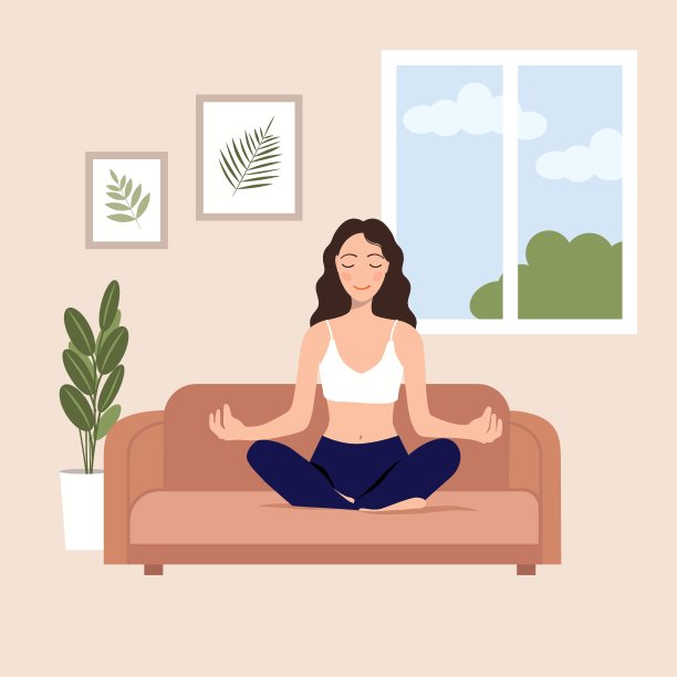 在家做瑜伽。女孩坐在家里的沙发上，对着窗户和画的背景沉思。呼吸练习，瑜伽，冥想的概念图片下载