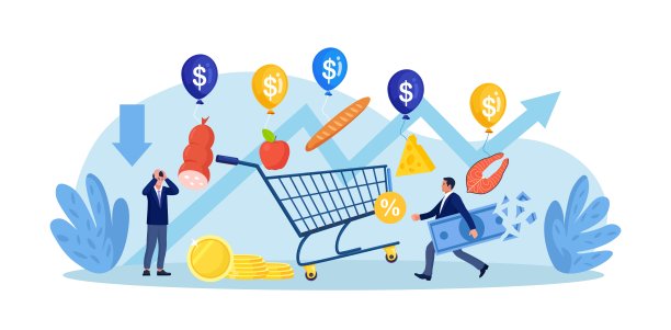 通货膨胀，金融危机。人们试图抓住从购物车里飞出来的杂货，因为通货膨胀泡沫。食品成本和产品价格不断上涨。经济衰退导致食品价格上涨图片下载