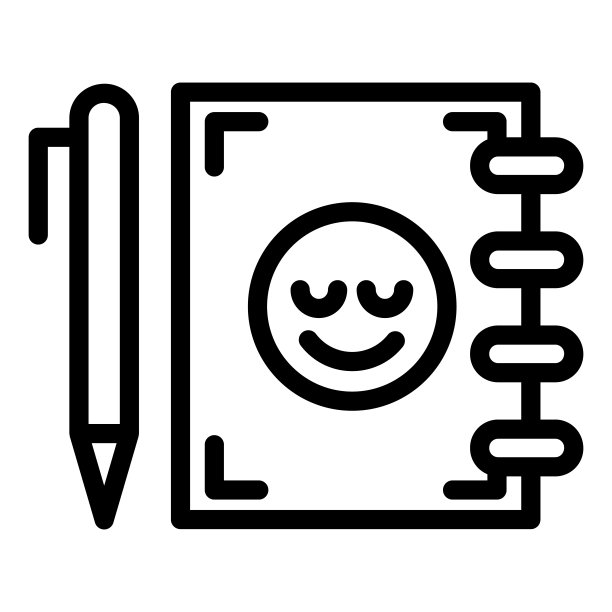 笔记本和笔线图标。记事本与笑脸矢量插图隔离在白色。学习垫大纲风格设计的和应用程序。图片下载