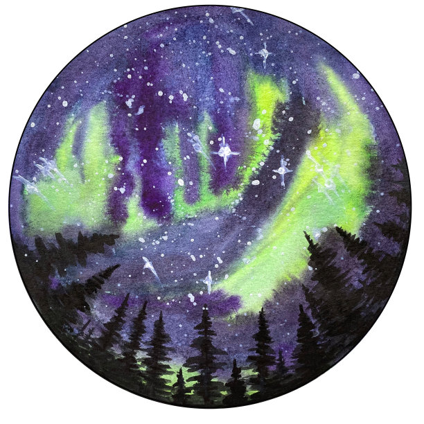 水彩星星天空和夜间森林周围打印。图片下载