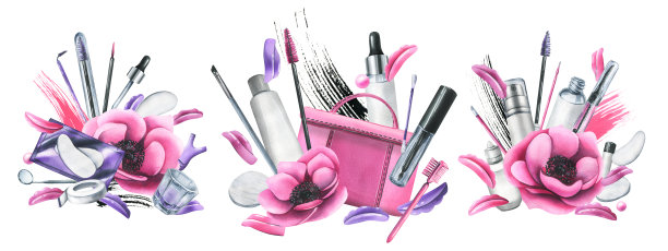粉彩化妆袋配睫毛贴合工具，刷子，硅胶卷，瓶装产品。水彩插图，手绘。在白色背景上的一组孤立的构图图片下载