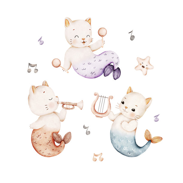 水彩宝宝组成与猫美人鱼，乐器，海洋居民。手绘儿童设计。完美的印刷，海报，贴纸图片下载