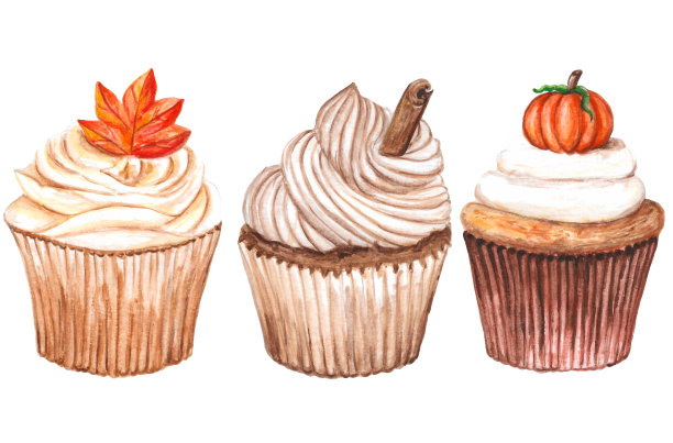 手绘的秋季纸杯蛋糕搭配不同的浇头图片下载