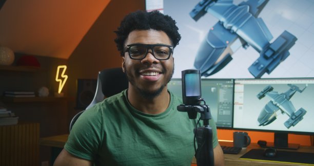 非裔美国3D设计师录制关于3D动画的视频图片下载