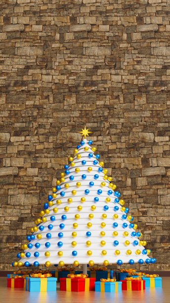 一个白色圣诞树的三维插图与蓝色和黄色装饰与礼物在木地板上图片下载