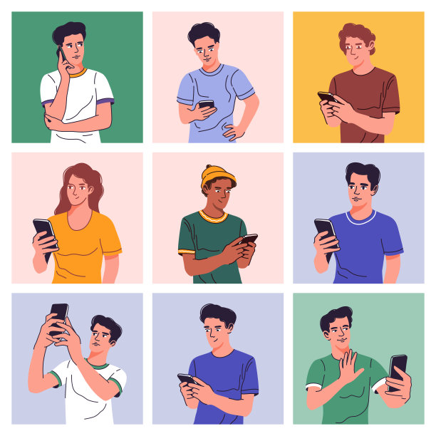 年轻人使用手机。矢量插图视频通话，社交媒体，聊天，对话，在线会议的设计理念。手绘，素描，涂鸦。图片下载