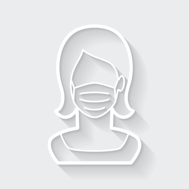 戴医用口罩的妇女。图标与空白背景上的长阴影-平面设计图片下载
