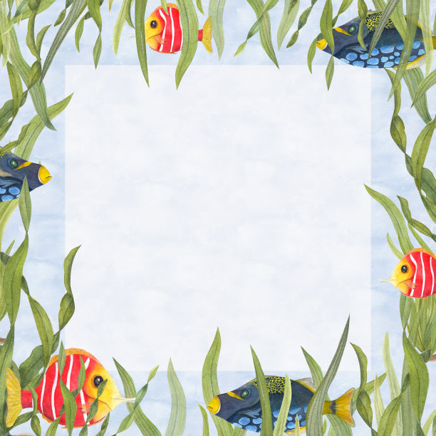 水彩卡片为孩子的生日孤立的背景蓝色的海。卡通风格的彩色鱼类，藻类，海带。手绘插图的贺卡，明信片，邀请图片下载