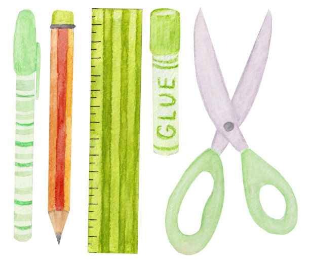 水彩学校工具收藏。钢笔，铅笔，尺子，胶水和剪刀孤立在白色的背景。图片下载