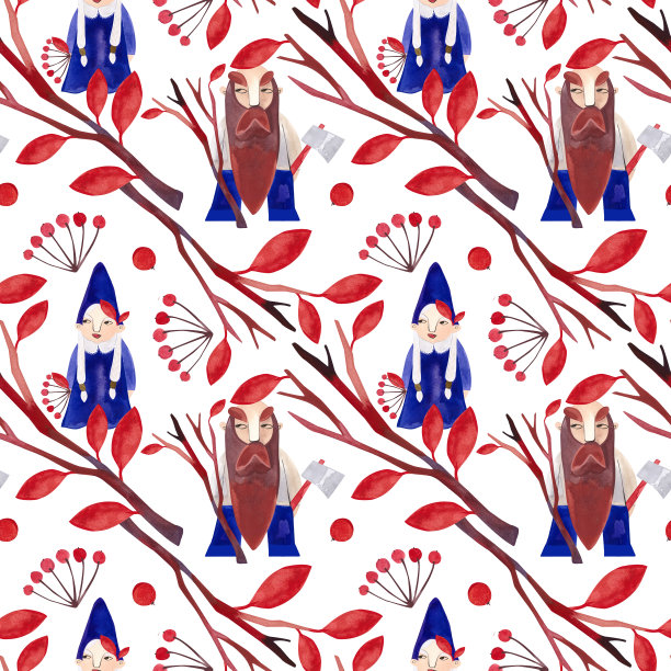 秋天的侏儒。用于织物、家纺、服装、包装纸的水彩无缝图案。童话复古风格。白色背景。图片下载