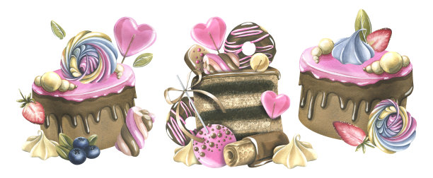 一套蛋糕，里面有布朗尼、甜甜圈、棉花糖、棒棒糖、草莓和蓝莓。水彩插图手绘。在白色背景上的一组孤立的构图图片下载