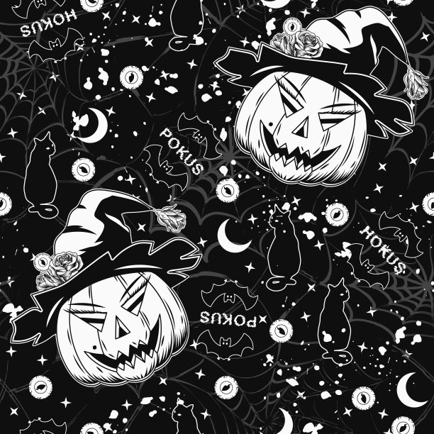 图案与幻想南瓜像女巫，眼球，蝙蝠，猫的剪影，新月，星星，背后扭曲的蜘蛛网。节日插图在黑暗的背景图片下载