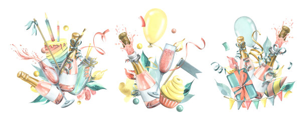 粉色香槟装在瓶子和玻璃杯里，还有生日蛋糕、鸡尾酒、旗帜、蜡烛和五彩纸屑。水彩插图，手绘。在白色背景上的一组孤立的构图。图片下载