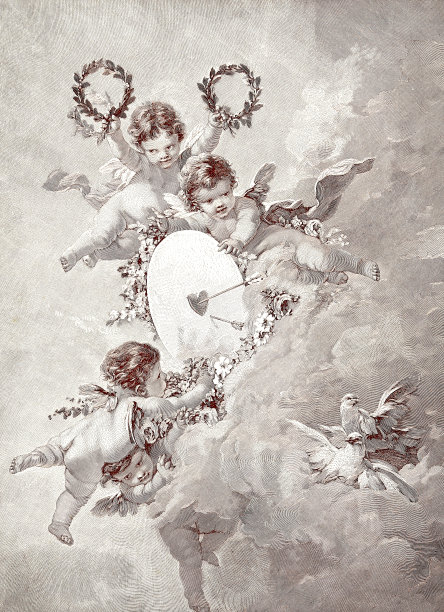 戴着月桂花环的飞行天使和一个心形的目标图片下载